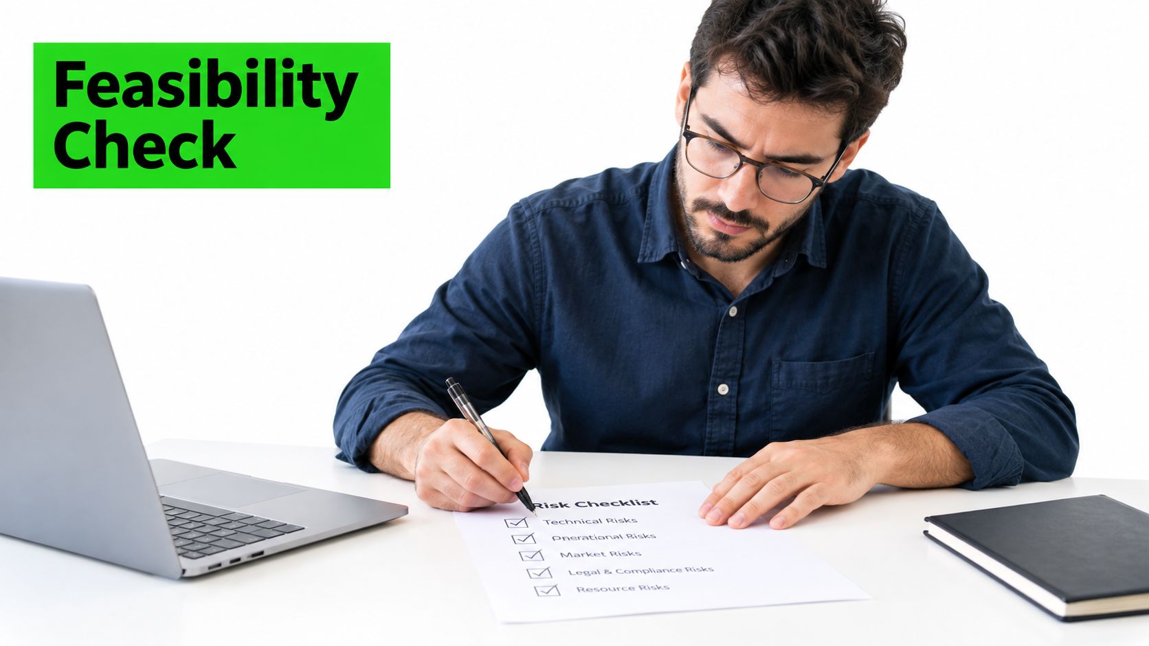 A professional man checking off items on a risk assessment checklist while sitting at his desk.