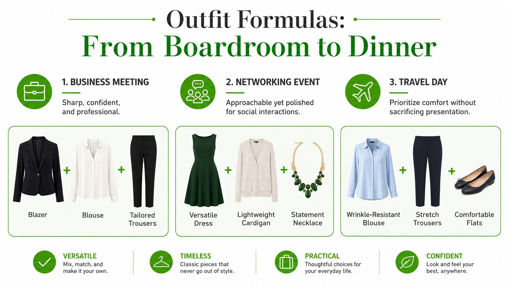 An infographic showing three versatile outfit formulas for business meetings, networking events, and travel days.
