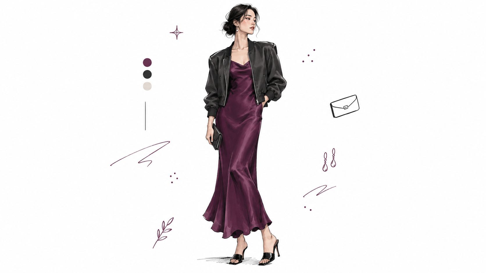 A fashion illustration of a woman wearing a dark purple satin slip dress with a black bomber jacket.