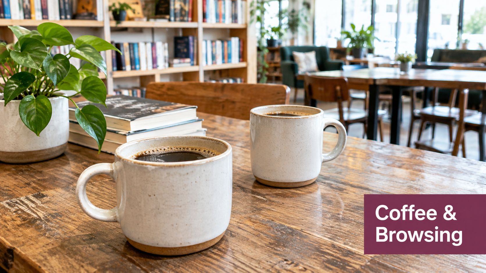 Two mugs of black coffee sit on a rustic wooden table next to a small potted plant.