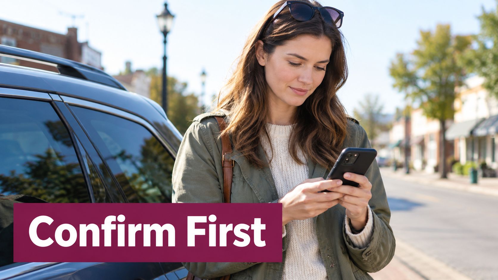 A young woman standing near her car outdoors checks her smartphone while on a sunny street.