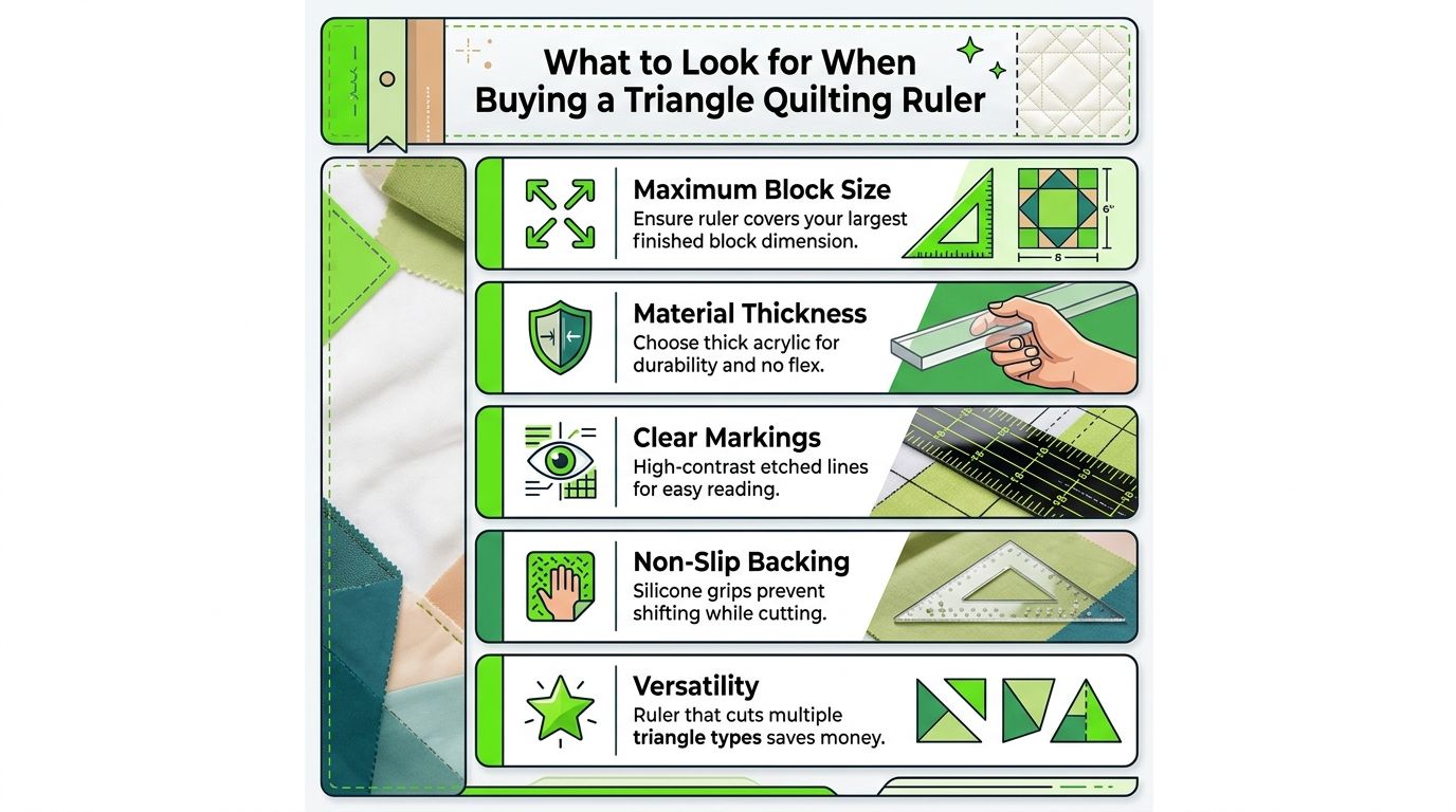An infographic titled What to Look for When Buying a Triangle Quilting Ruler with five helpful tips.