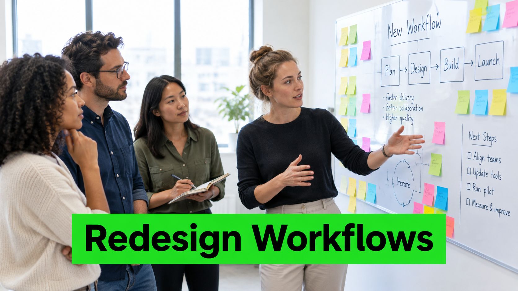 A professional team collaborating on a new workflow strategy in a bright modern office workspace.