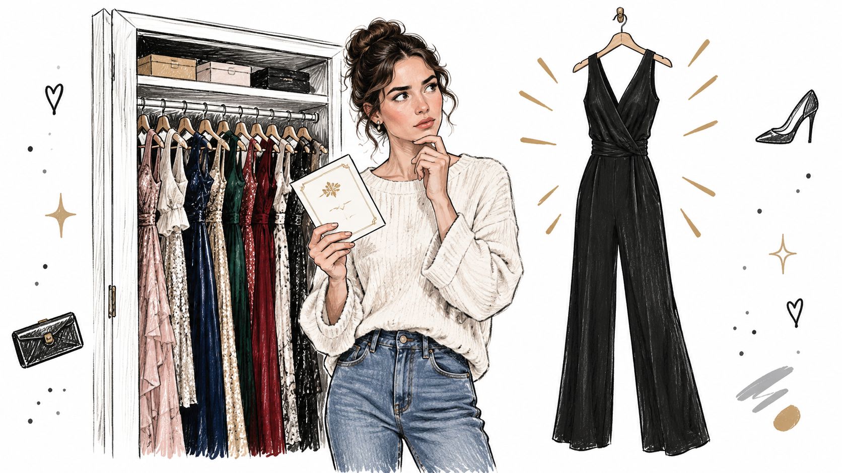 A stylish woman deciding what to wear while looking at a black evening jumpsuit in her closet.