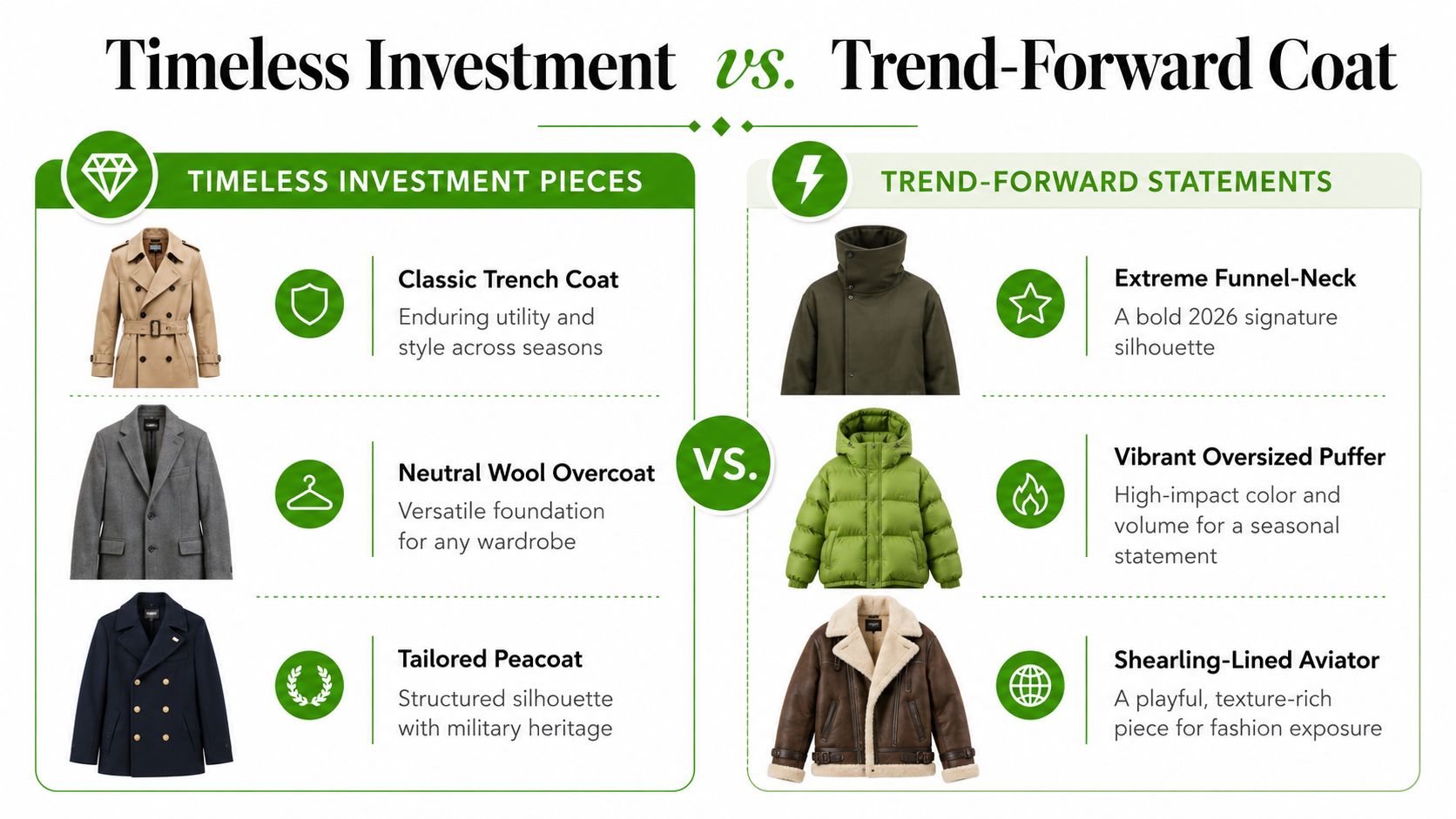 A comparison chart showing timeless investment coats on the left and trend-forward fashion coats on the right.