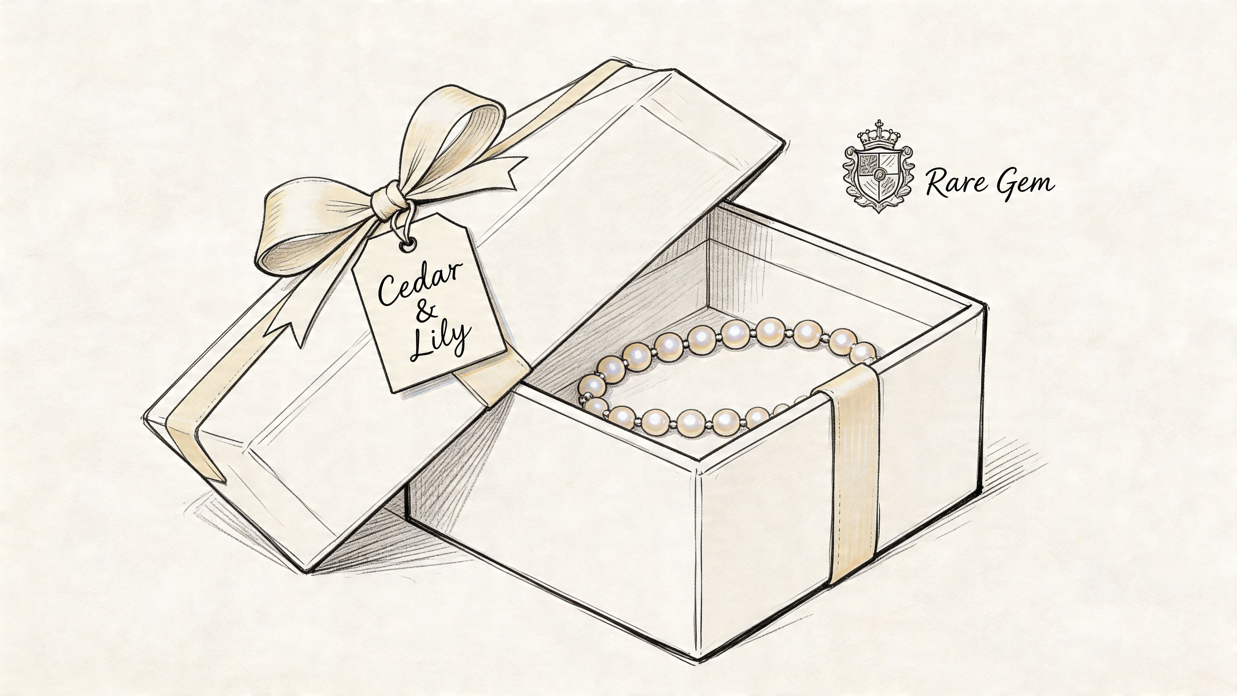A line drawing illustration of an open white gift box containing a beautiful pearl necklace inside.