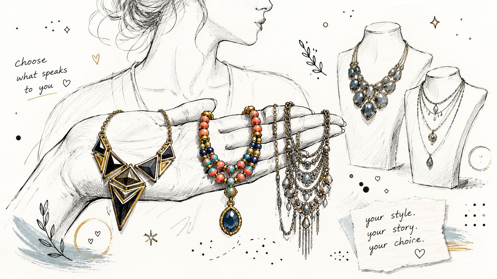 A hand-drawn sketch displaying various statement necklaces for sale, presented on a person and jewelry busts.