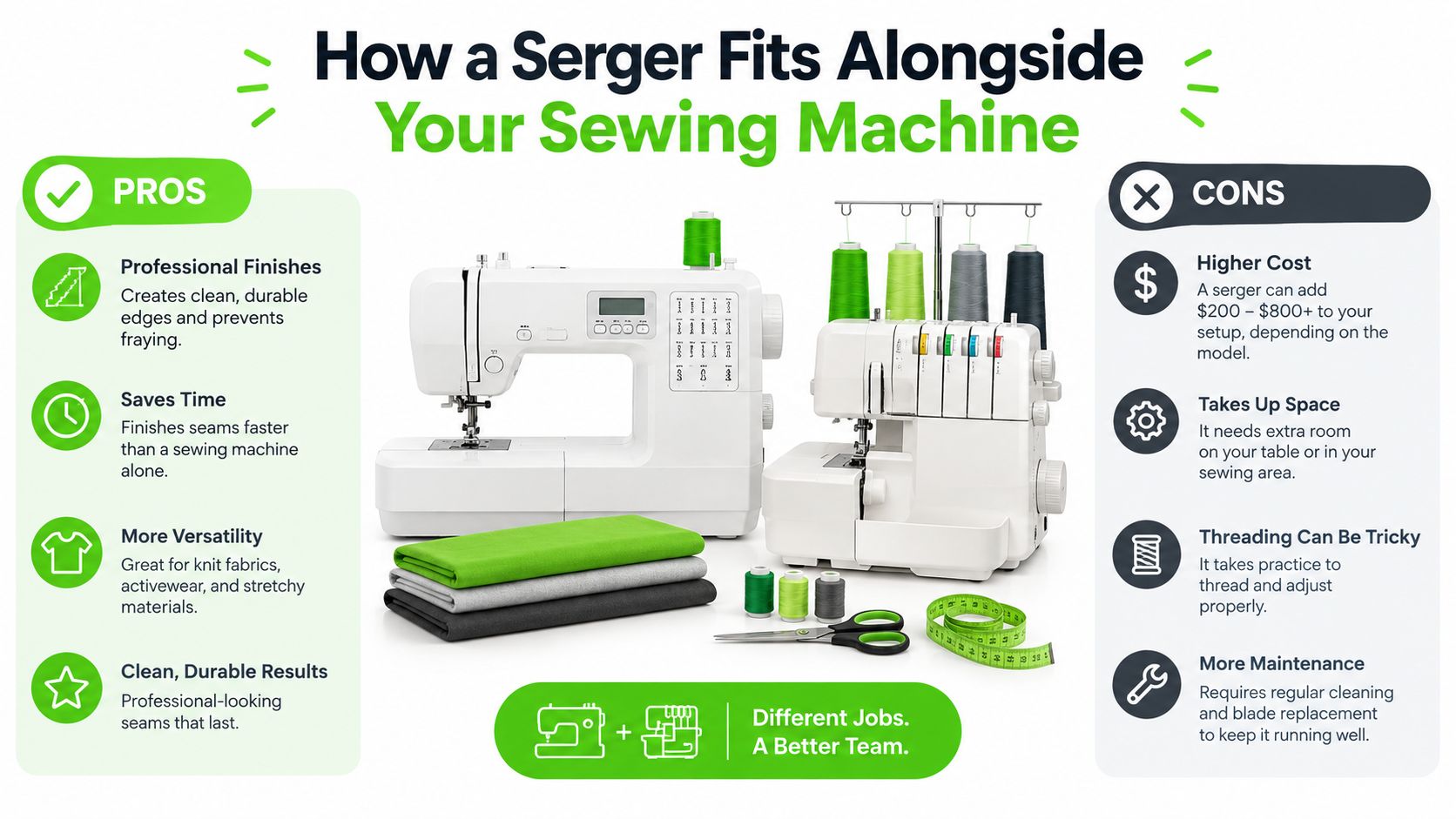 An infographic comparing pros and cons of using a serger alongside a traditional sewing machine.
