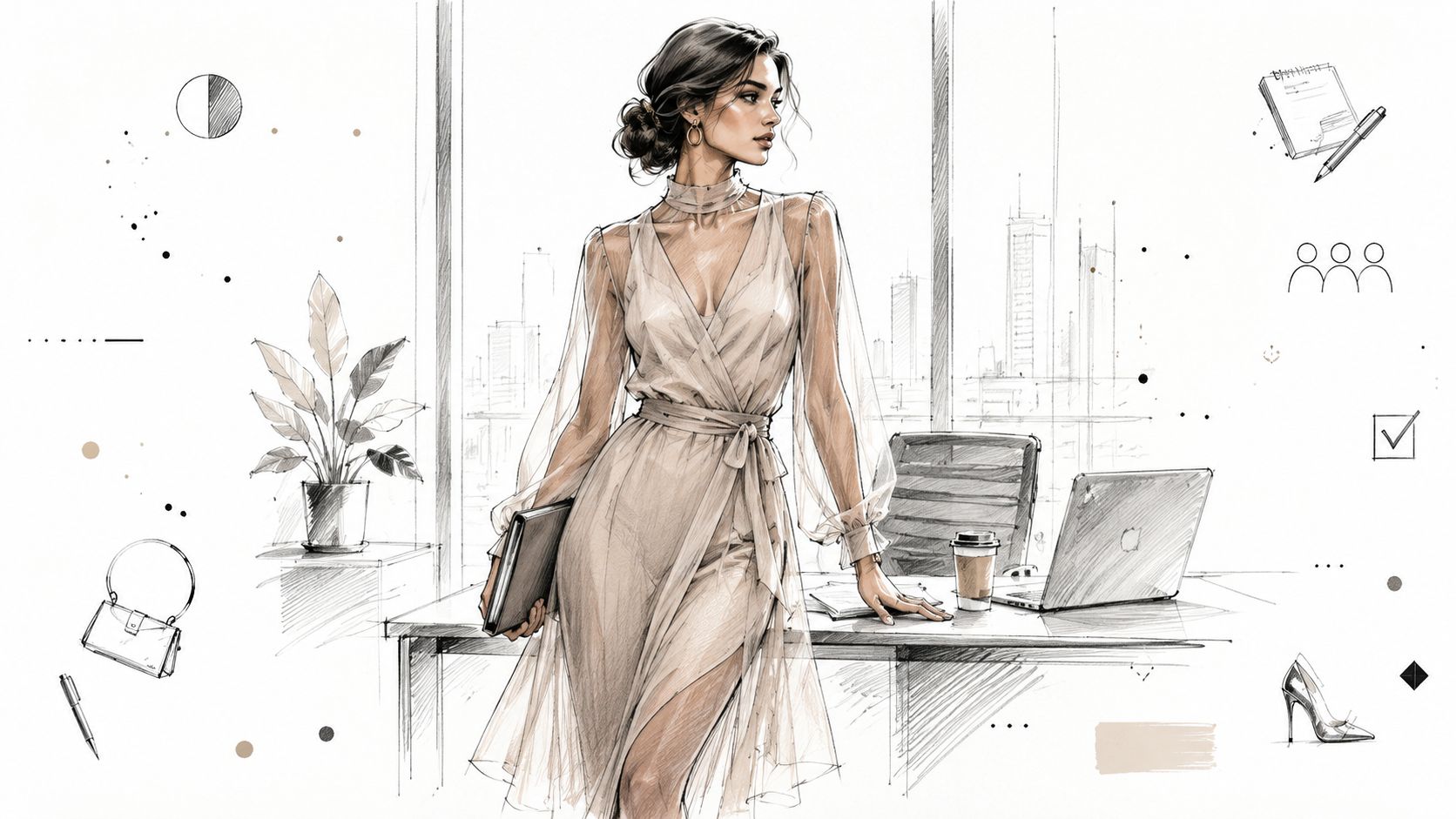 A professional woman in a sheer dress posing elegantly in a modern office with city views.