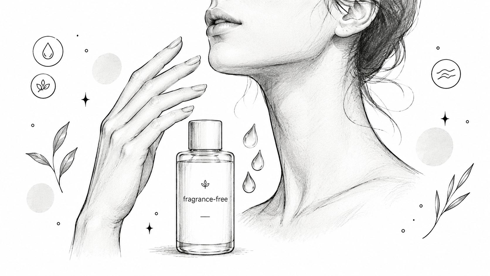 A detailed pencil sketch of a woman's neck and hand next to a bottle labeled fragrance-free.