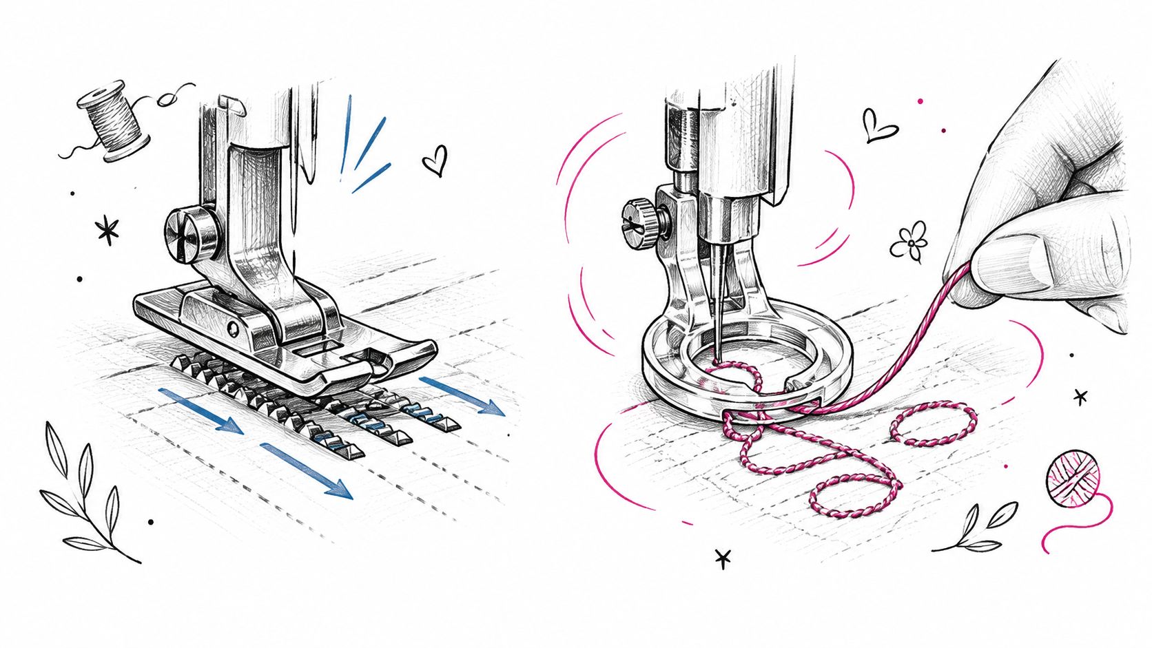 A detailed drawing comparing a standard sewing machine foot with a free motion quilting presser foot.