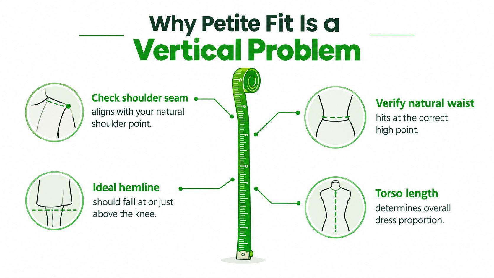 A graphic illustration detailing why petite fit is a vertical problem with measurements for shoulder, waist, hem, and torso.