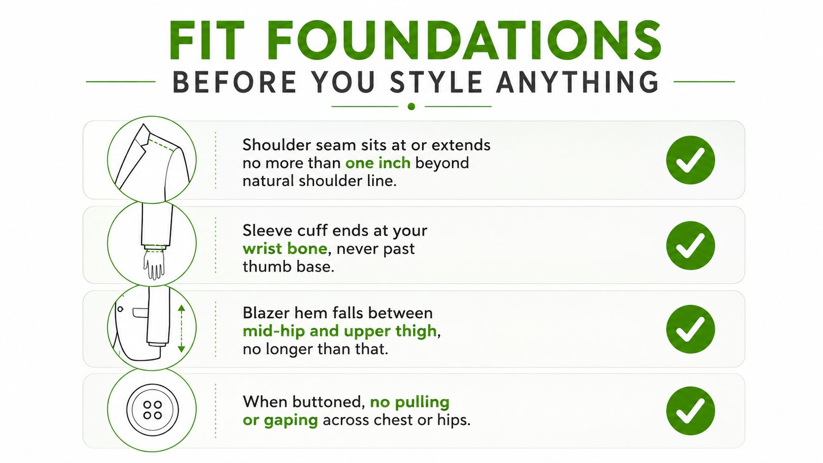 A checklist infographic illustrating key fitting guidelines for wearing a blazer, including shoulder, sleeve, and hem length.