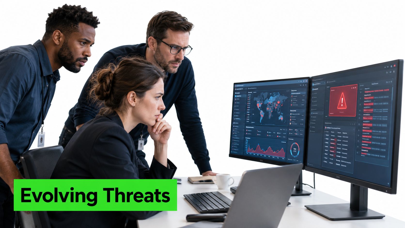 A diverse team of cybersecurity professionals analyzing digital threat data on computer monitors in an office.