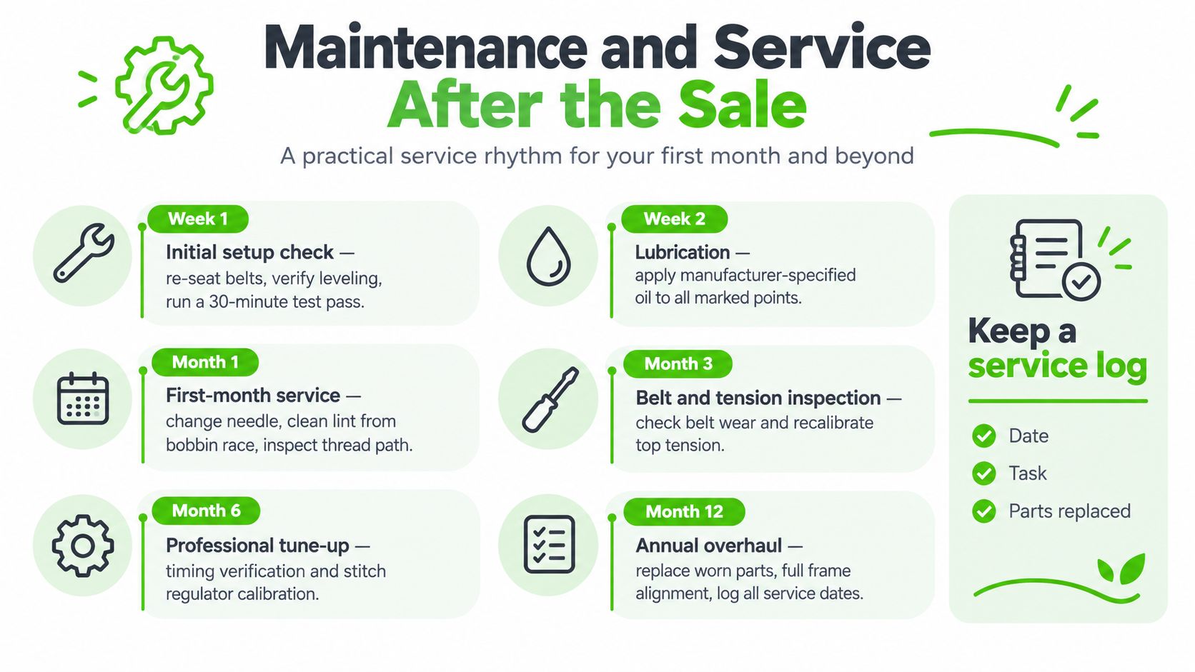 An infographic titled Maintenance and Service After the Sale detailing a monthly service schedule for quilting machines.