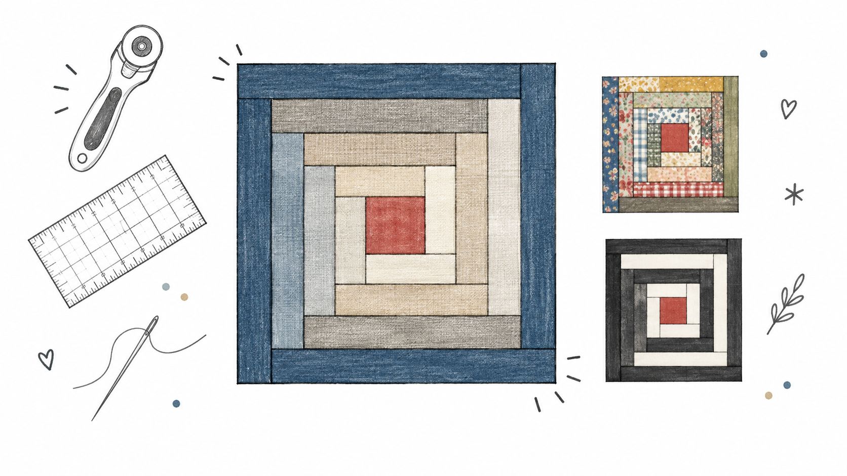 A digital illustration showing several log cabin quilt blocks alongside quilting tools like a needle and ruler.
