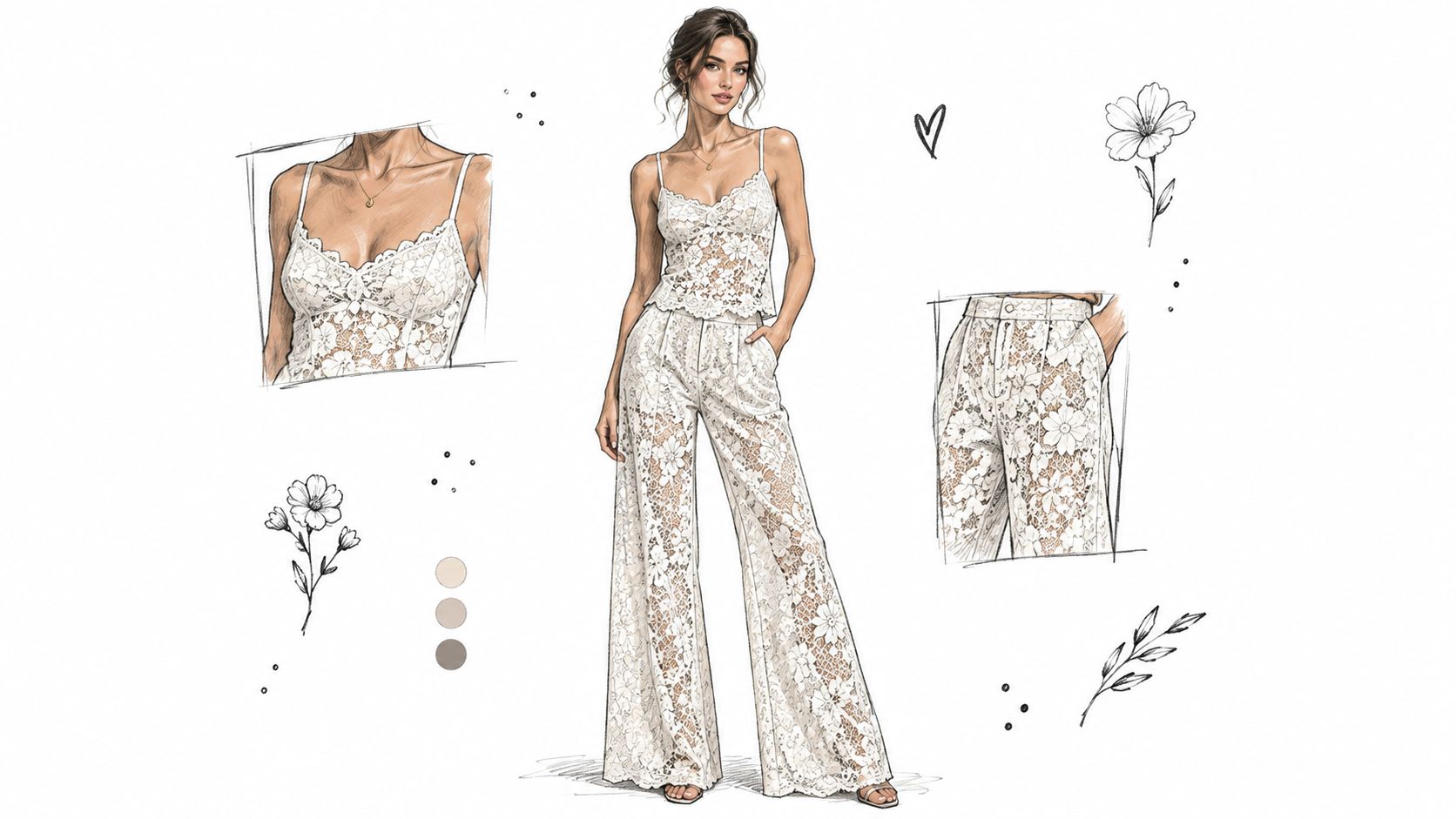 A fashion sketch of a woman wearing a white lace camisole and matching wide-leg floral lace pants.