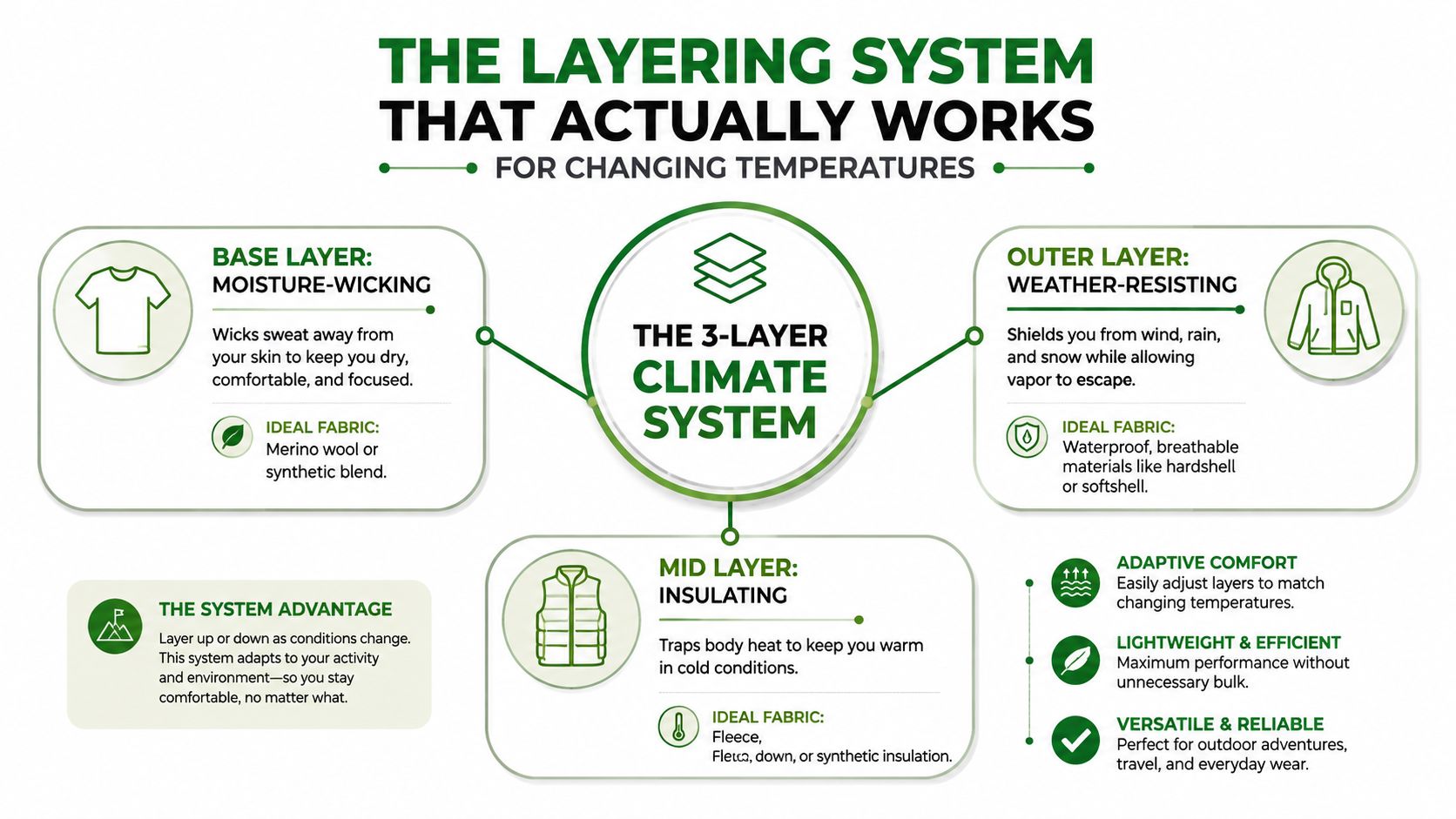 A diagram explaining the three-layer clothing system for effective temperature regulation during outdoor activities and changing weather conditions.