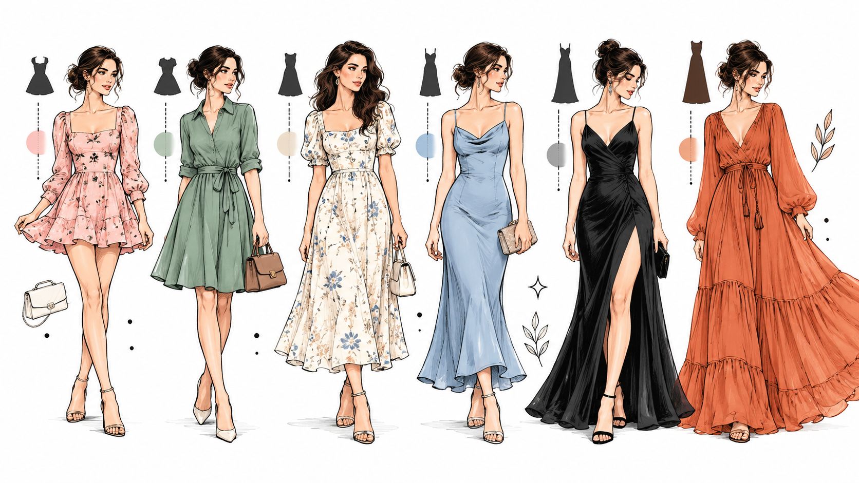 A fashion illustration showcasing six different elegant dresses modeled by stylish women against a white background.
