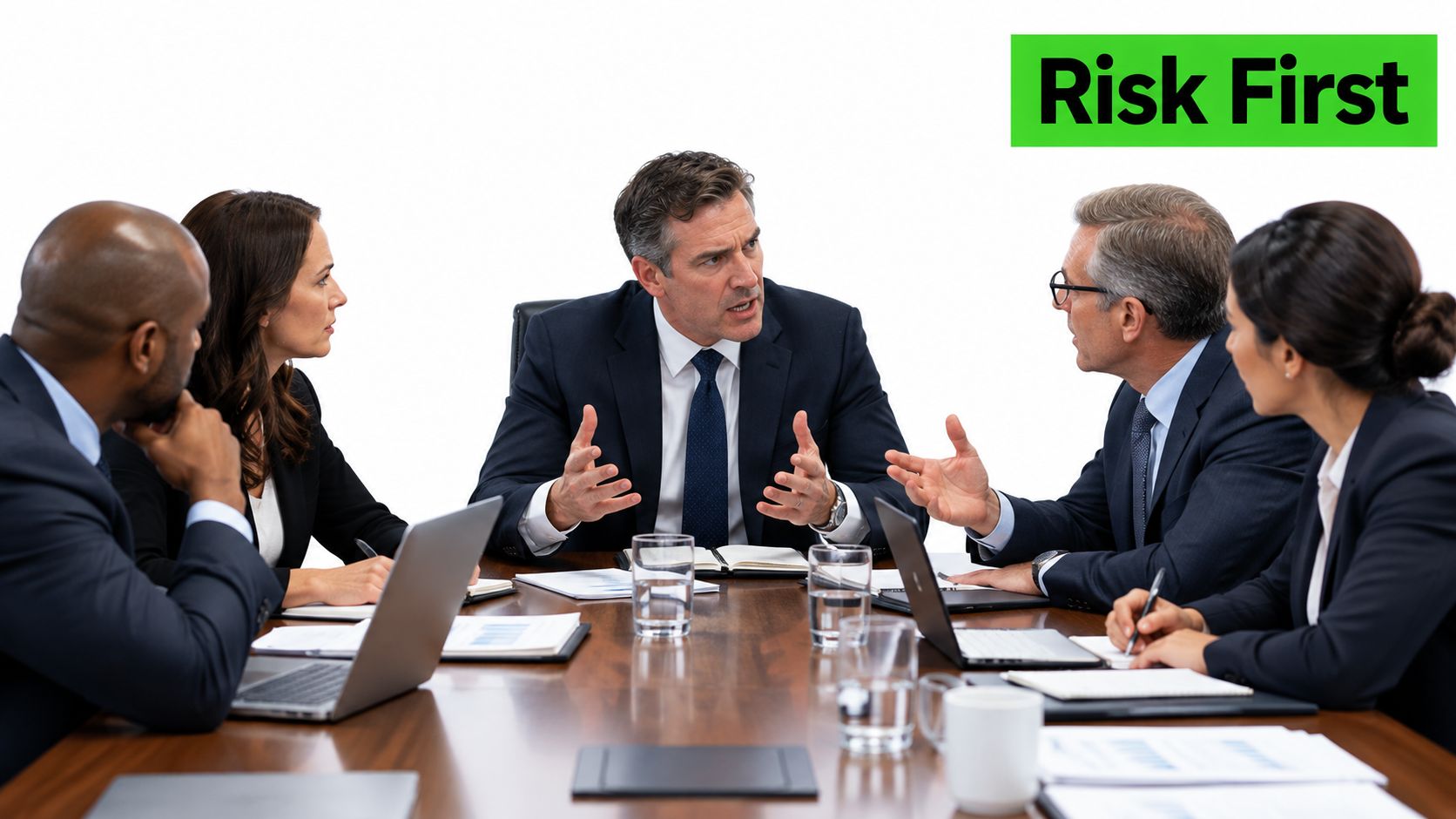 A professional business meeting with a group of diverse executives discussing risk management around a conference table.