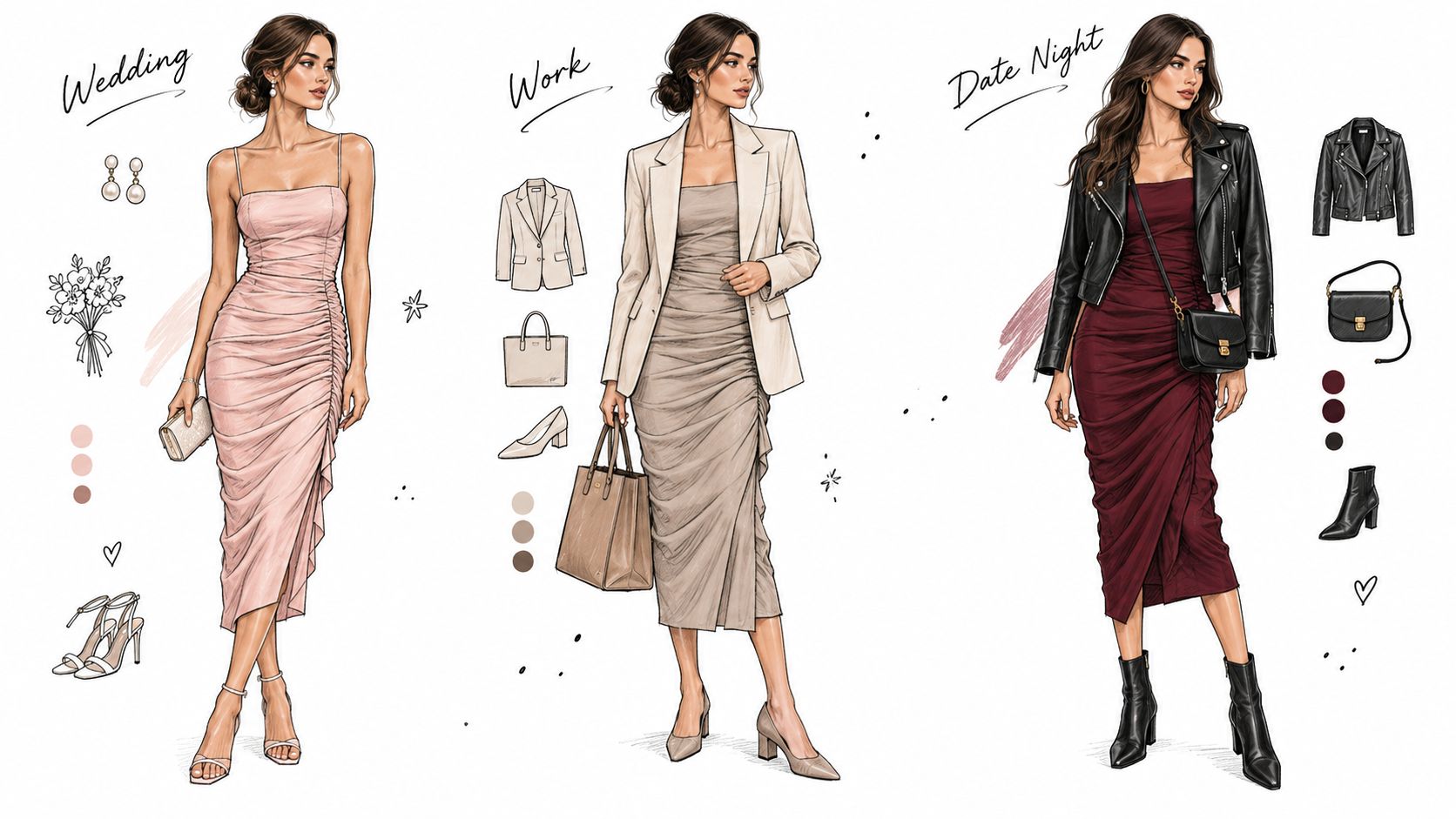 Three different outfits featuring a versatile ruched midi dress styled for a wedding, work, and date night.