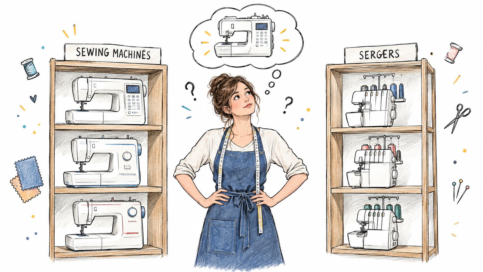 A woman wearing a sewing apron looks between shelves stocked with sewing machines and serger machines.