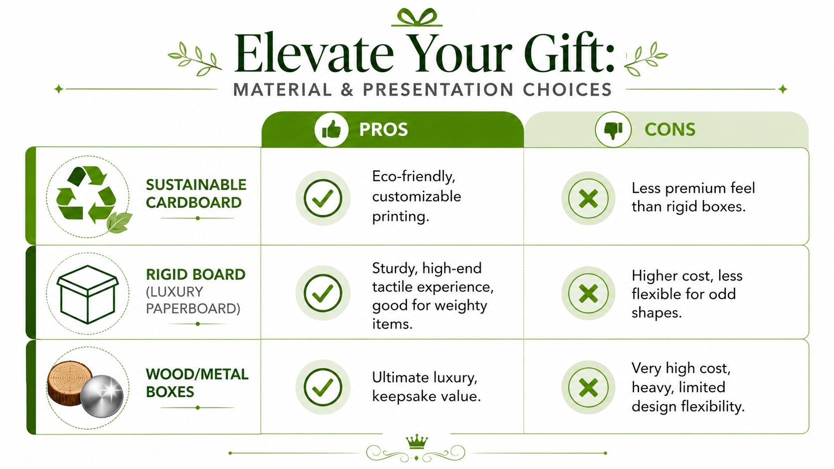 A comparison chart outlining the pros and cons of using sustainable cardboard, rigid board, and wood or metal gift boxes.