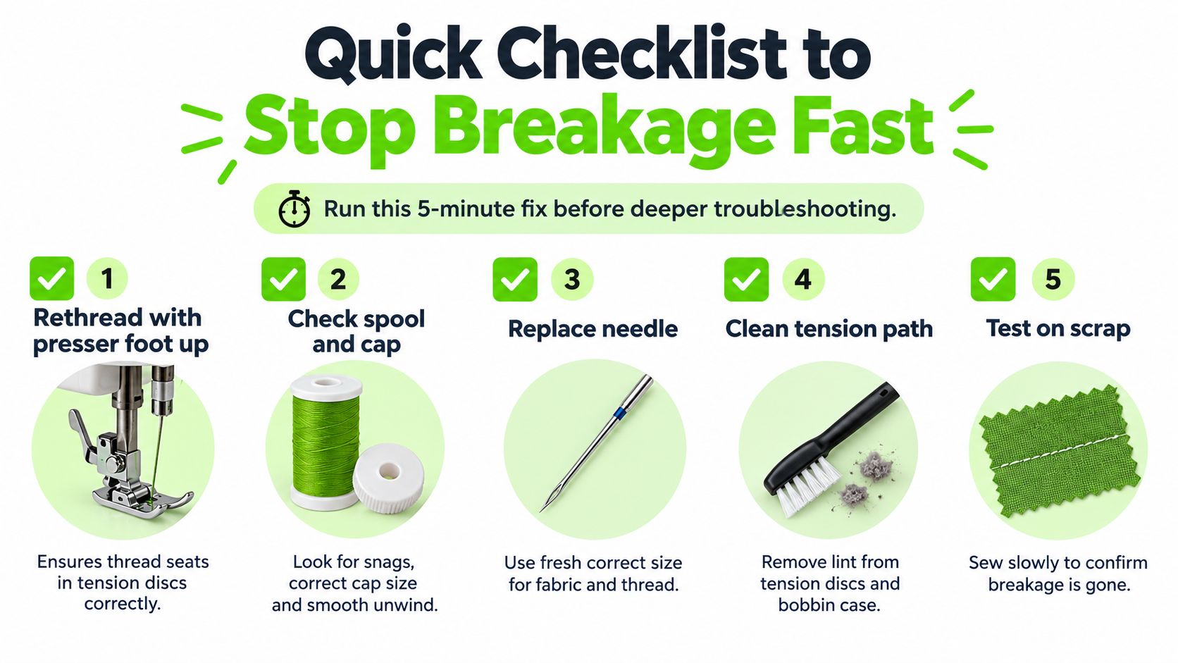A quick checklist infographic on how to fix a sewing machine that keeps breaking thread.