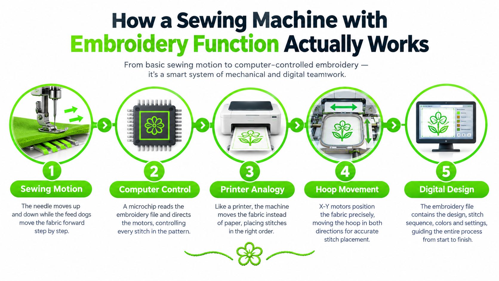 An infographic diagram explaining the five-step mechanical and digital process of how a sewing machine with embroidery function works.