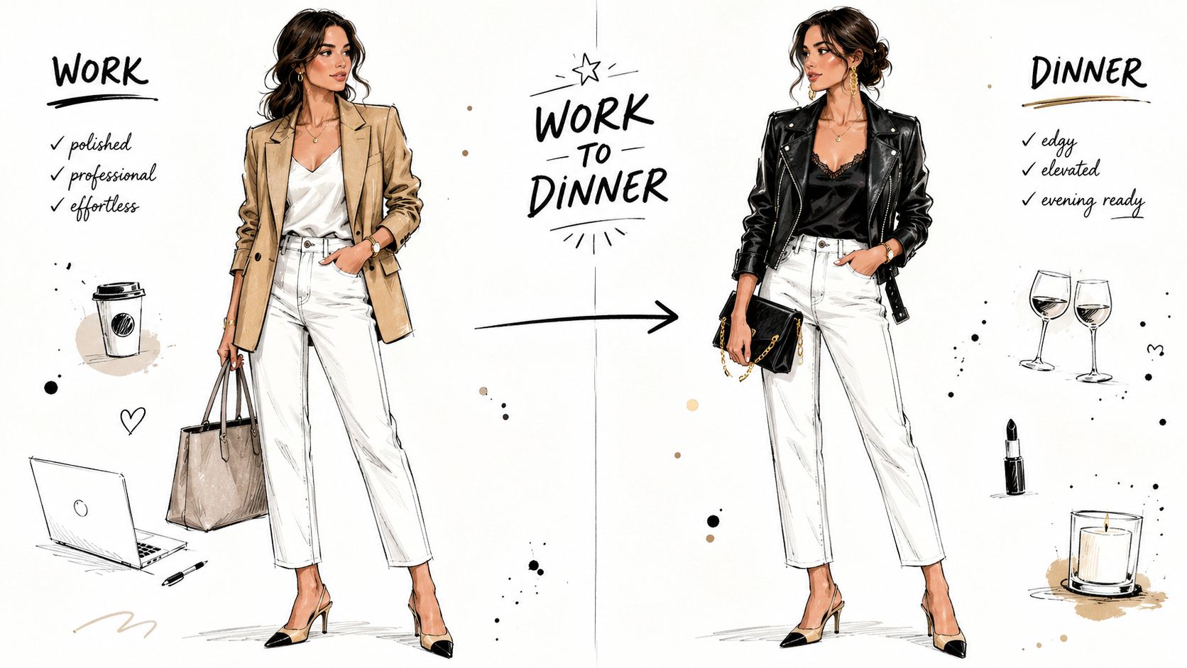 A fashion illustration showing a woman transitioning her outfit from a professional work look to an evening dinner look.