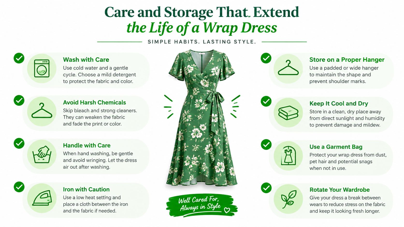 A helpful infographic outlining eight essential tips for washing, storing, and maintaining the quality of wrap dresses.
