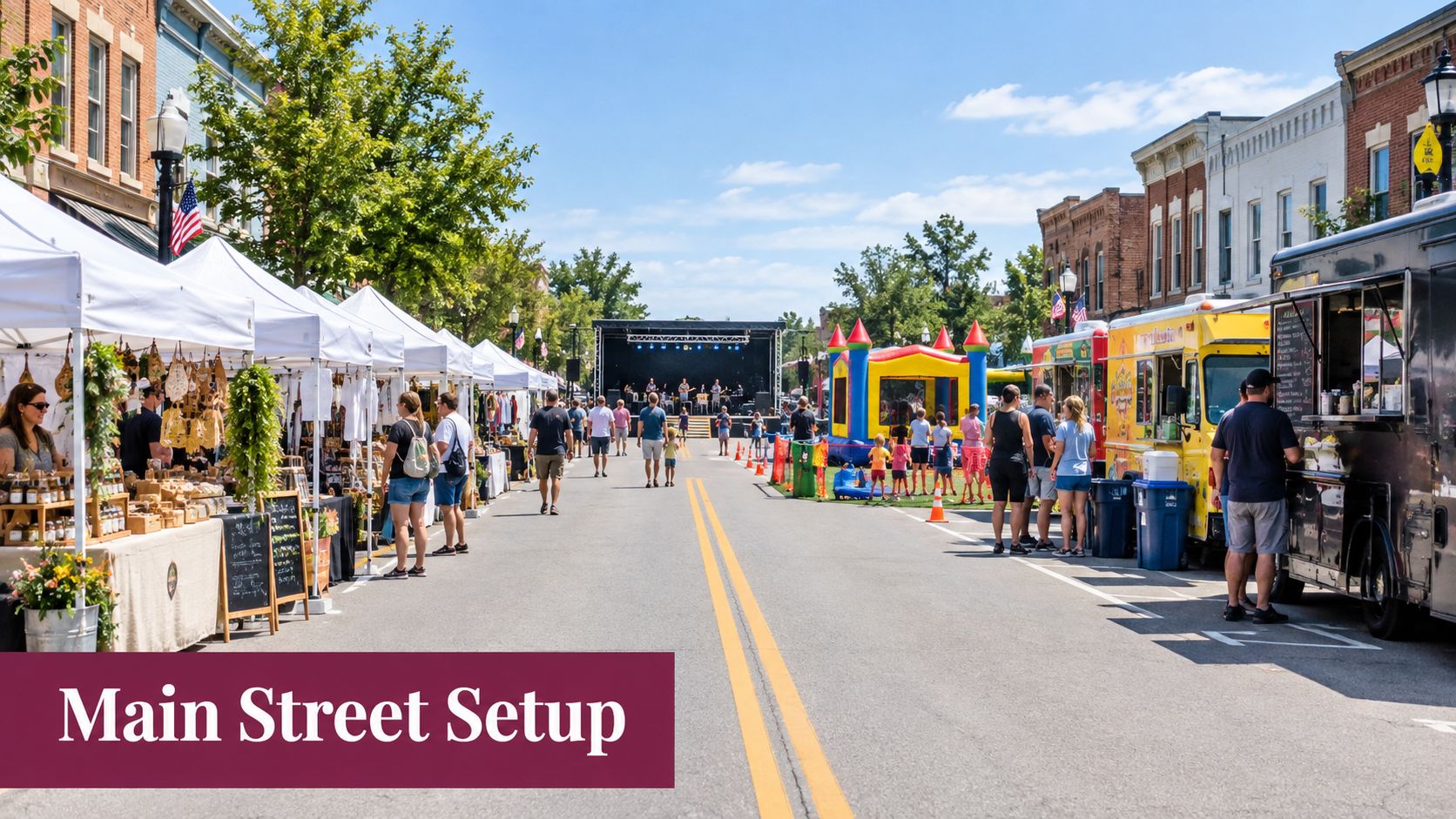 People walking on a lively downtown street festival with white vendor tents, food trucks, and a stage.