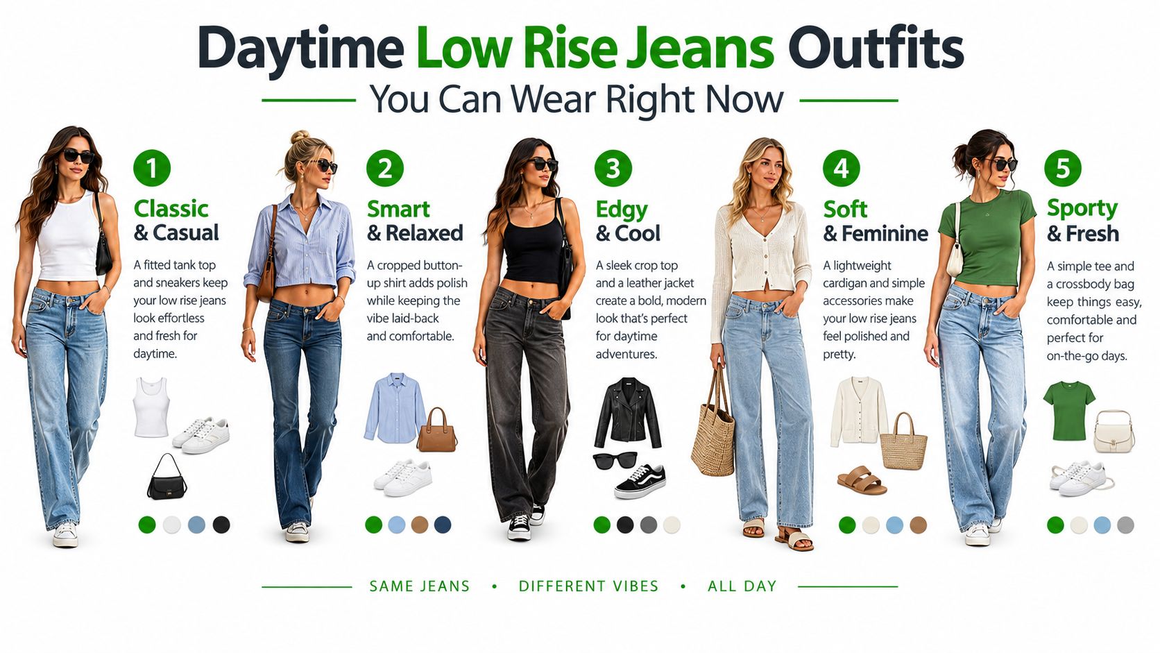 A fashion infographic displaying five different ways to style low rise jeans for a casual daytime look.