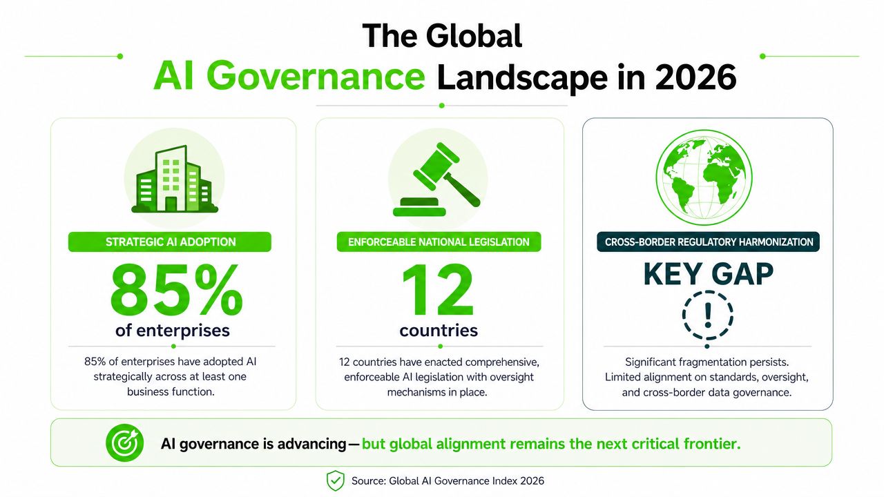An infographic titled The Global AI Governance Landscape in 2026 showing enterprise adoption and legislative progress.
