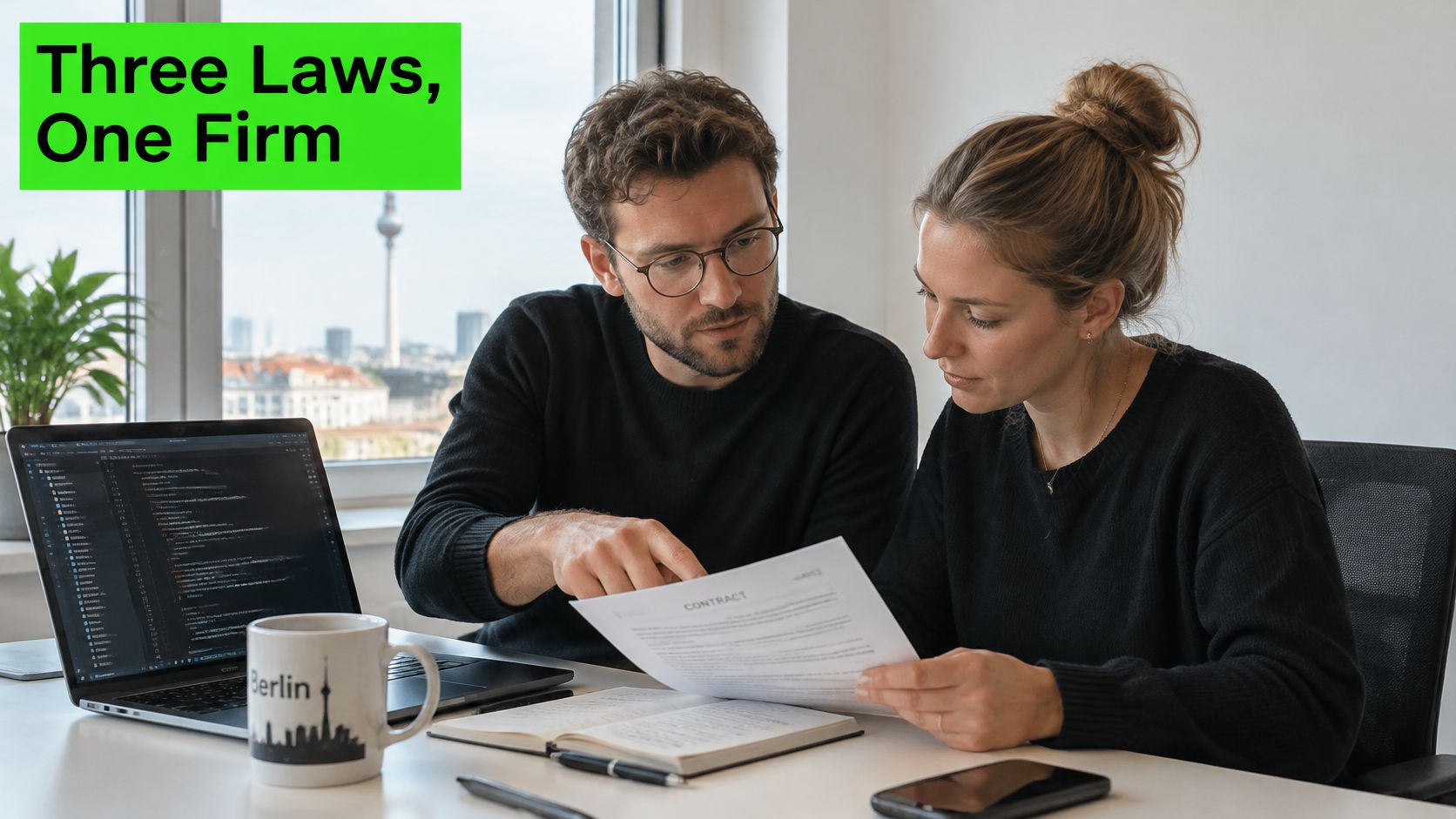 A professional man and woman reviewing a contract together in a modern office overlooking the Berlin skyline.