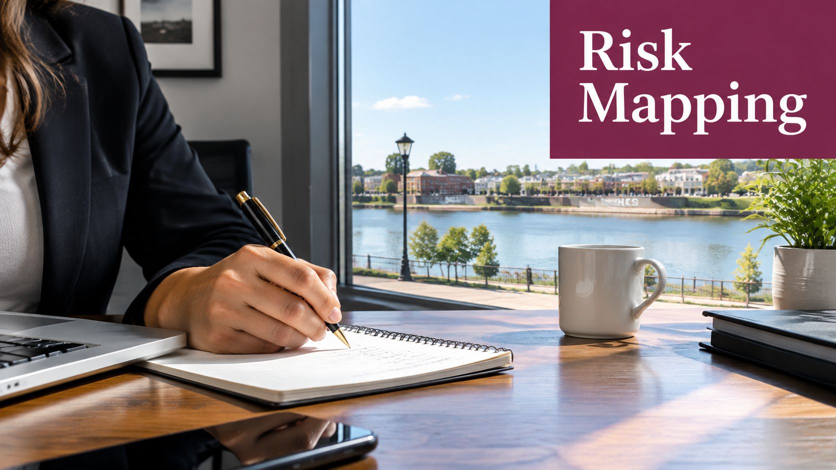 A professional business person writing in a notebook next to a laptop by a scenic riverside window.