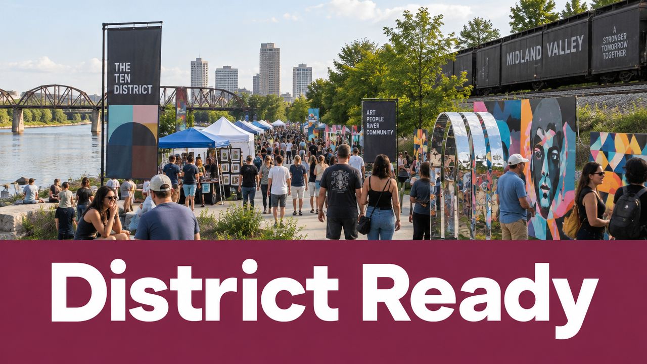Crowds walking along a riverfront path filled with temporary art installations and local artisan market booths.