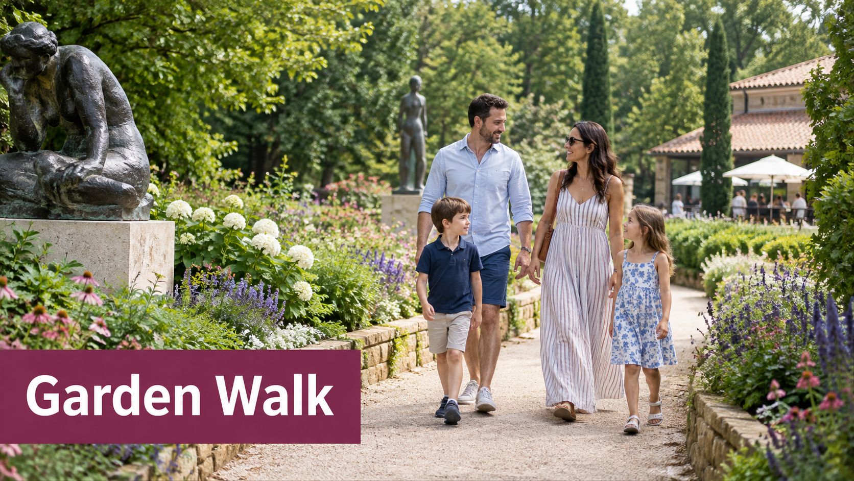 A happy family walking together on a path through a lush and beautiful botanical garden.