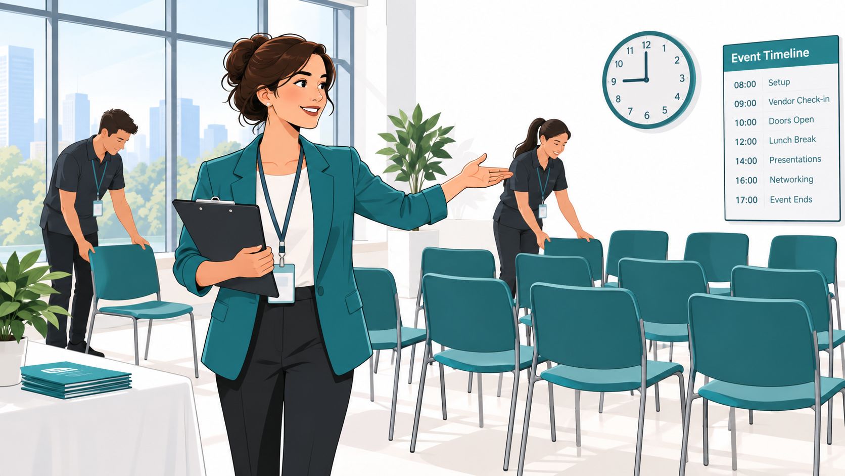 A professional event organizer gesturing towards rows of chairs in a modern, bright corporate conference venue.