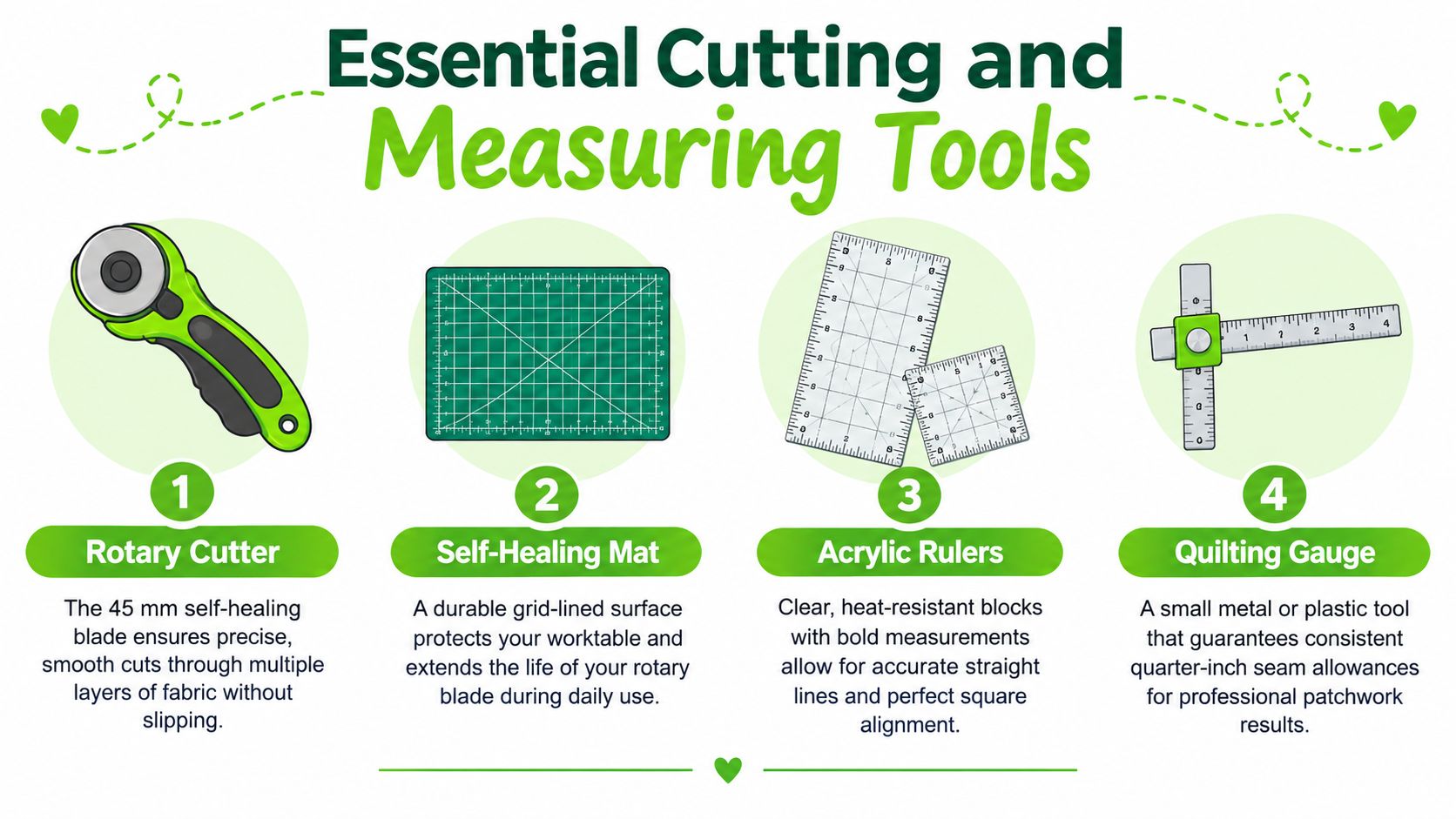 An infographic showing four essential quilting tools: a rotary cutter, a self-healing mat, acrylic rulers, and a quilting gauge.