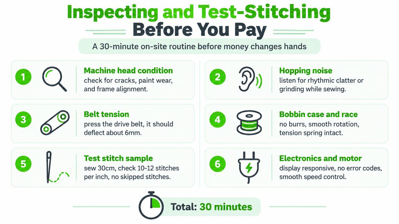 An infographic detailing a six-step inspection routine for checking a used sewing machine before purchasing it.