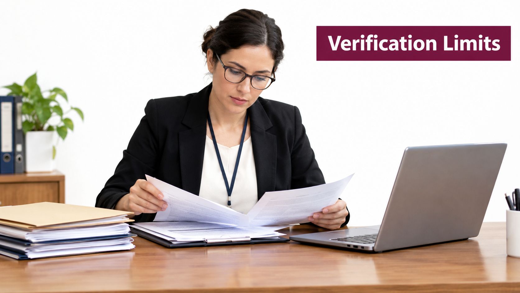 A professional woman in a suit sitting at a wooden desk while reviewing business documents on laptop.