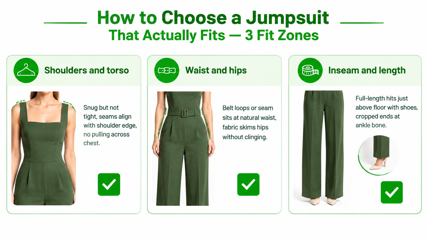 An infographic showing three essential fit zones to consider when choosing a well-fitting jumpsuit.