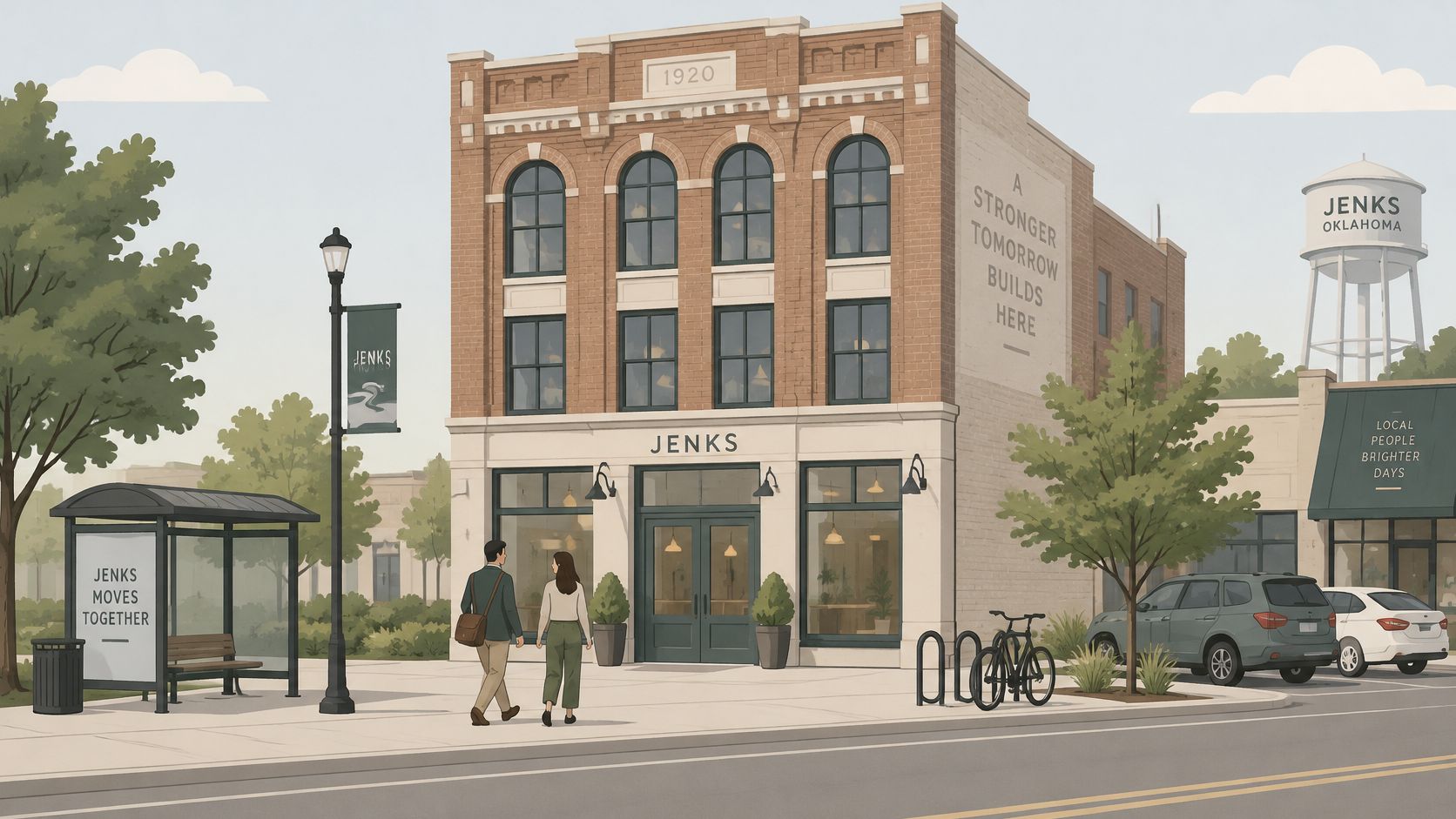 A couple walking towards a charming historic brick building labeled Jenks in a quaint small-town setting.