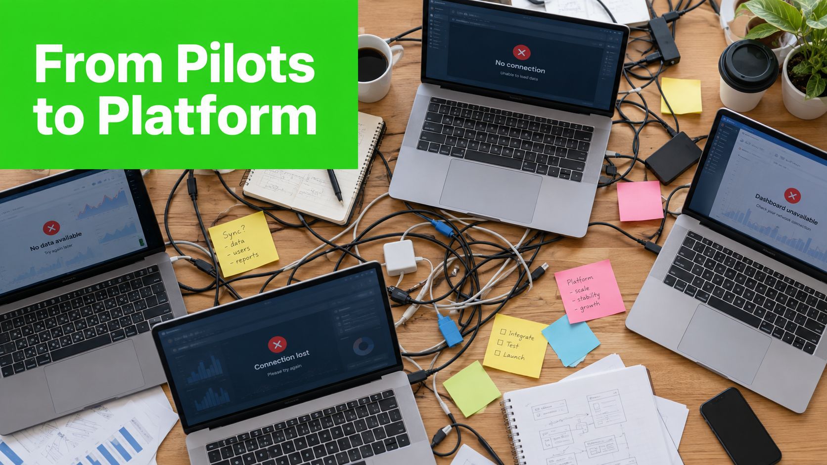 A high-angle view of multiple laptops on a cluttered desk displaying connection error messages and technical notes.