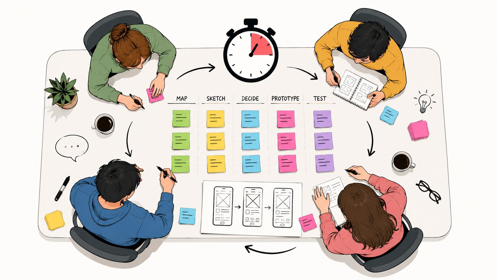 A team collaborating on a design sprint process with sticky notes and sketches on a desk.