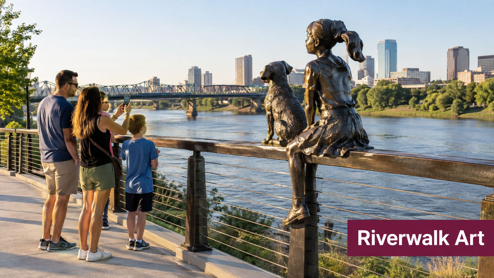 A family stands by a railing looking at bronze statues of a girl and dog overlooking a river.
