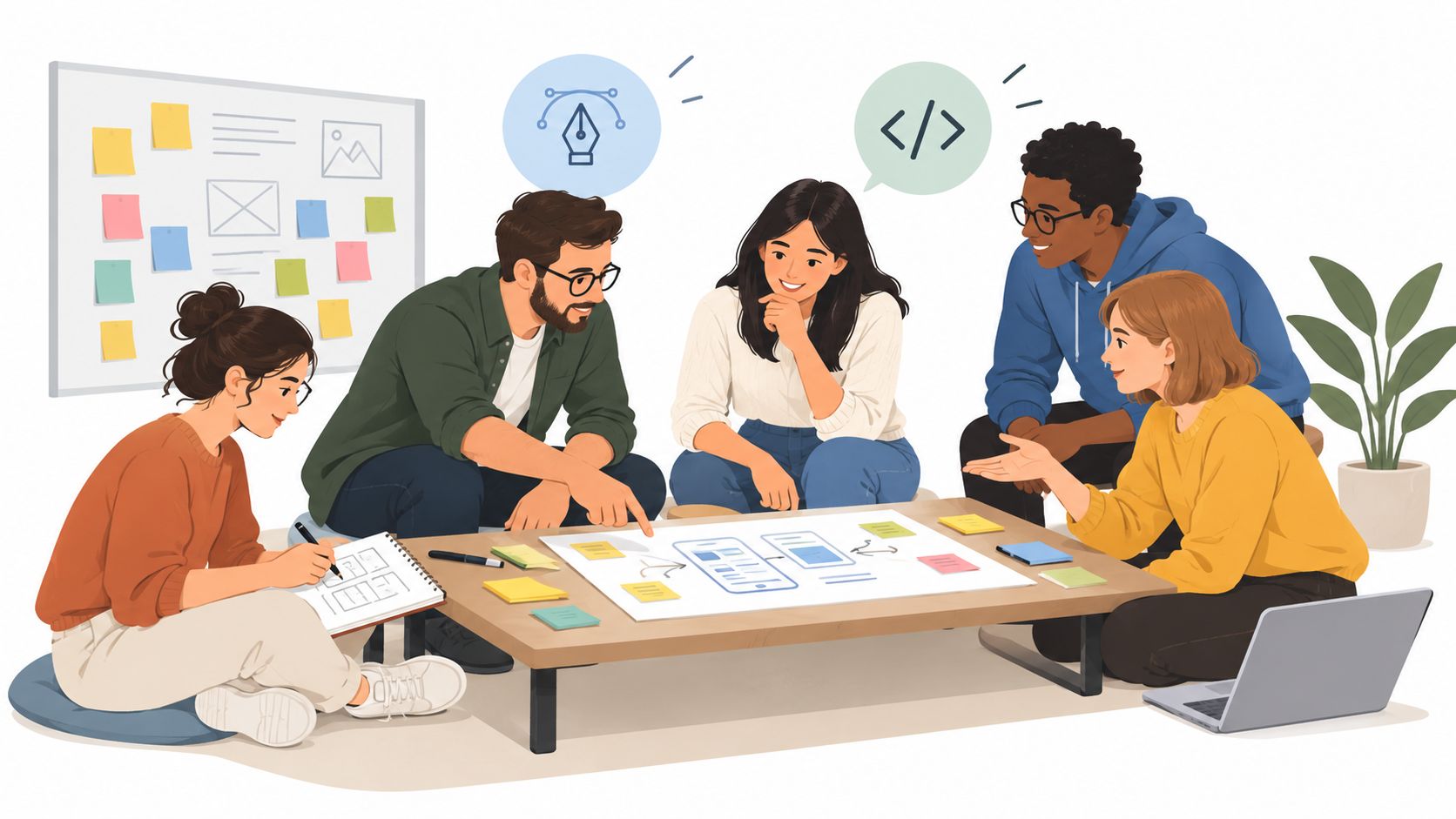 A diverse team of designers and developers collaborating together on a creative project in an office workspace.