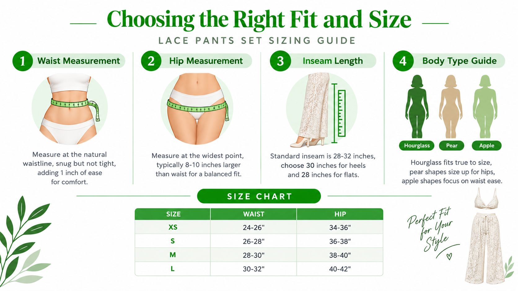 A sizing guide infographic for lace pants, explaining how to measure waist, hips, and inseam length.