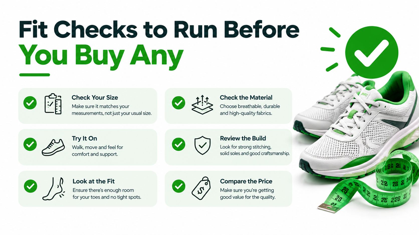 A checklist infographic titled Fit Checks to Run Before You Buy Any featuring running shoes and a measuring tape.